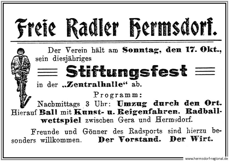 Anzeige aus dem Jahr 1920, Einladung zum Stiftungsfest des Radfahrvereins 